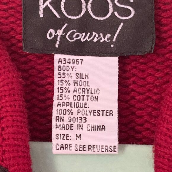 Koos of Course Cardigan Medium Silk Blend  Red Appliqued Mandarin Collar Artsy - Picture 12 of 14